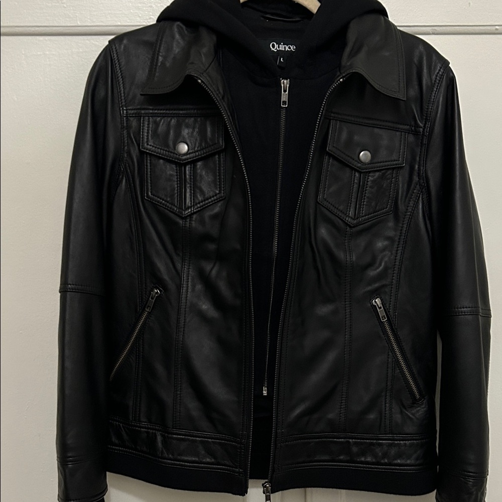 Quince NWOT Women's Black Leather Jacket with Hood - Picture 9 of 13